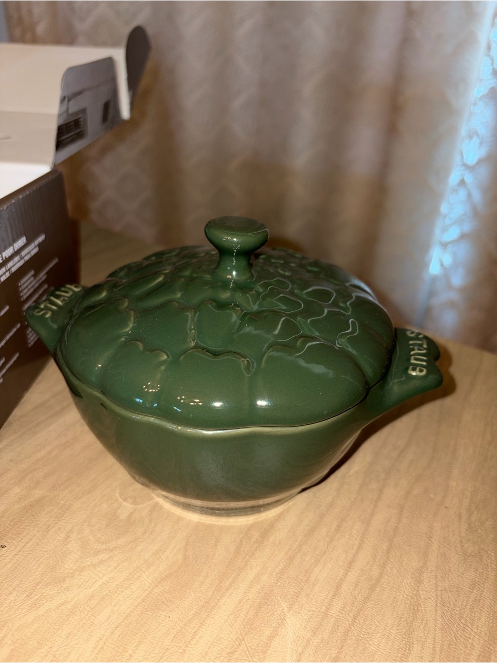 Staub Dark Green Ceramic Covered Artichoke with Decorative Lid